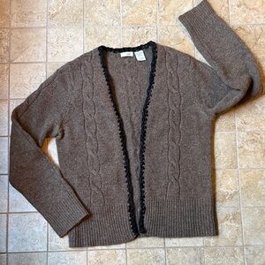 Vintage Anthropologie Odille Cardigan Sweater Velvet Trim Lambswool Cableknit L